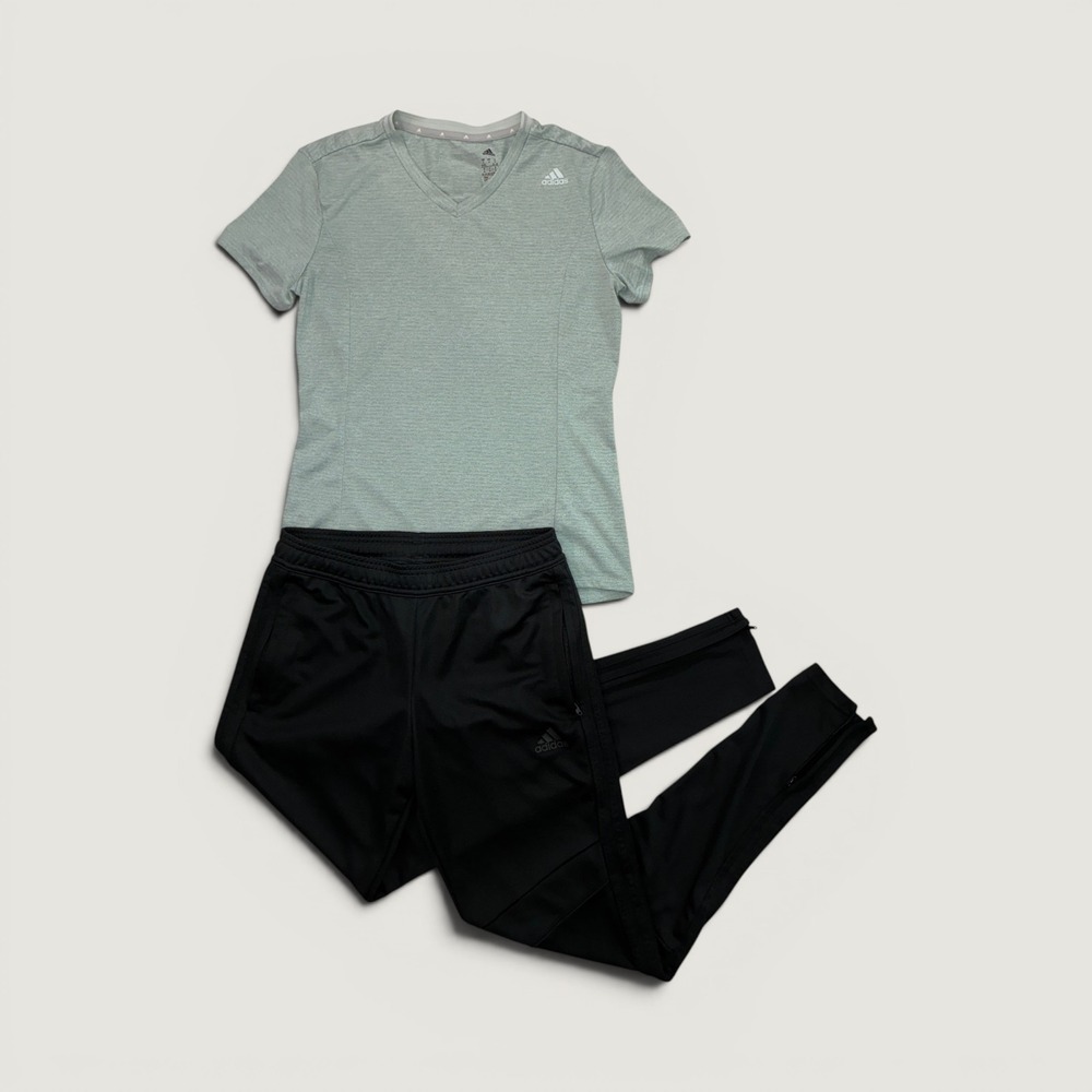 Adidas Bundle Tracksuit Set Womens Small Green Black V-Neck Tee and Pants